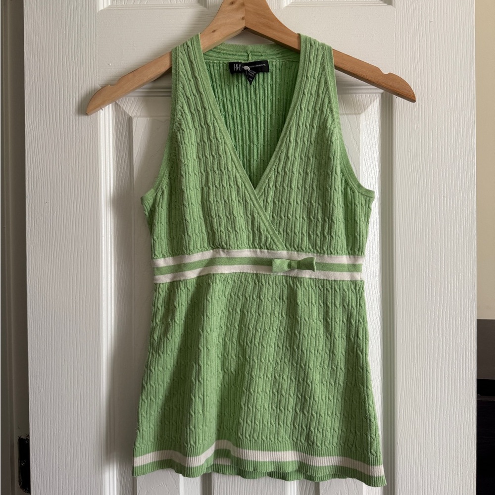 Green Cable Knit Sleeveless Faux Wrap Top